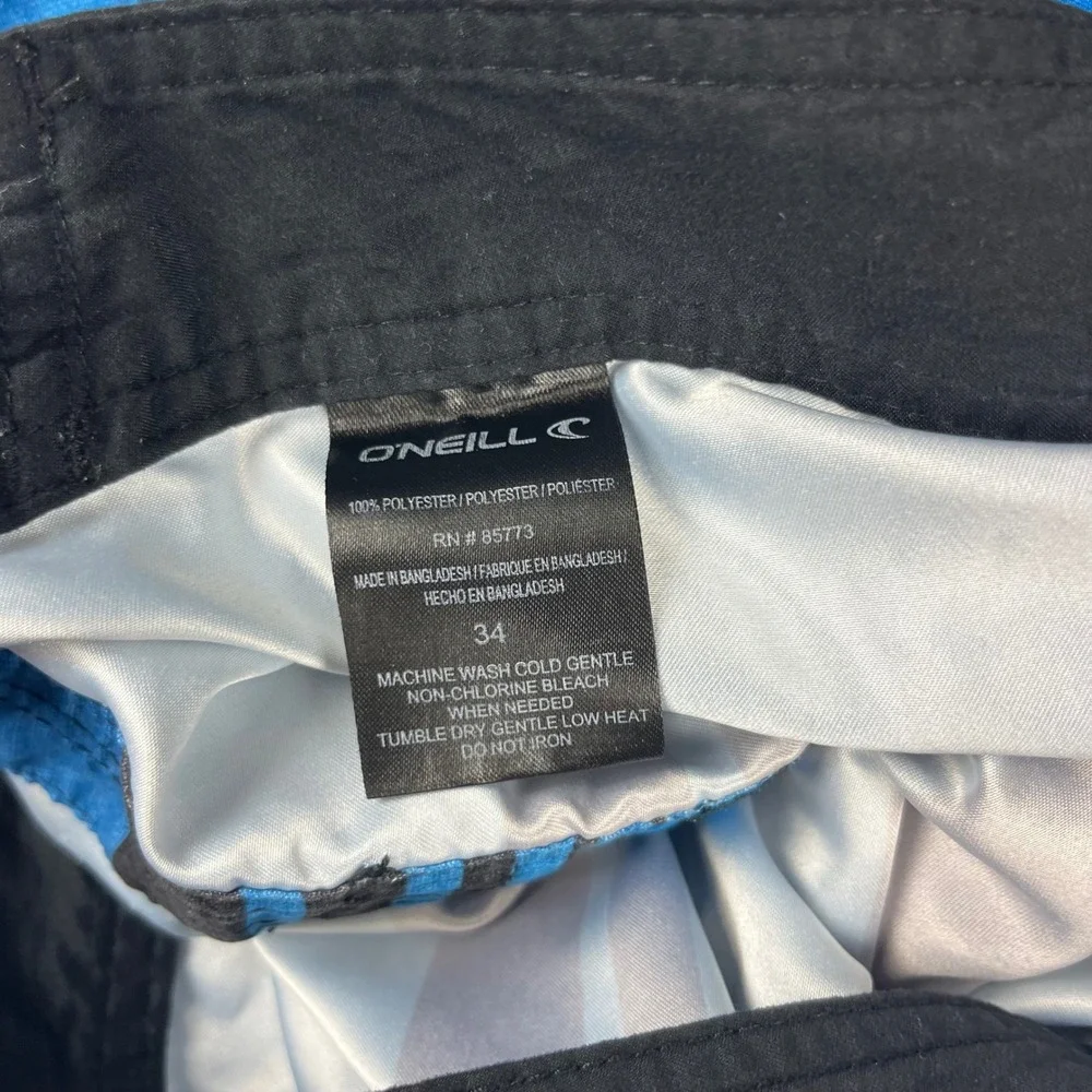 ONeill Mens Blue Black Striped Board Shorts Swim Trunks Size 34 Cargo Pocket